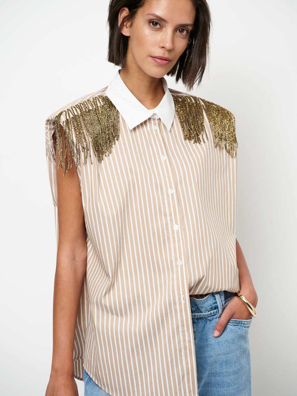 Image of Top Rhobin fringe detail sand beige