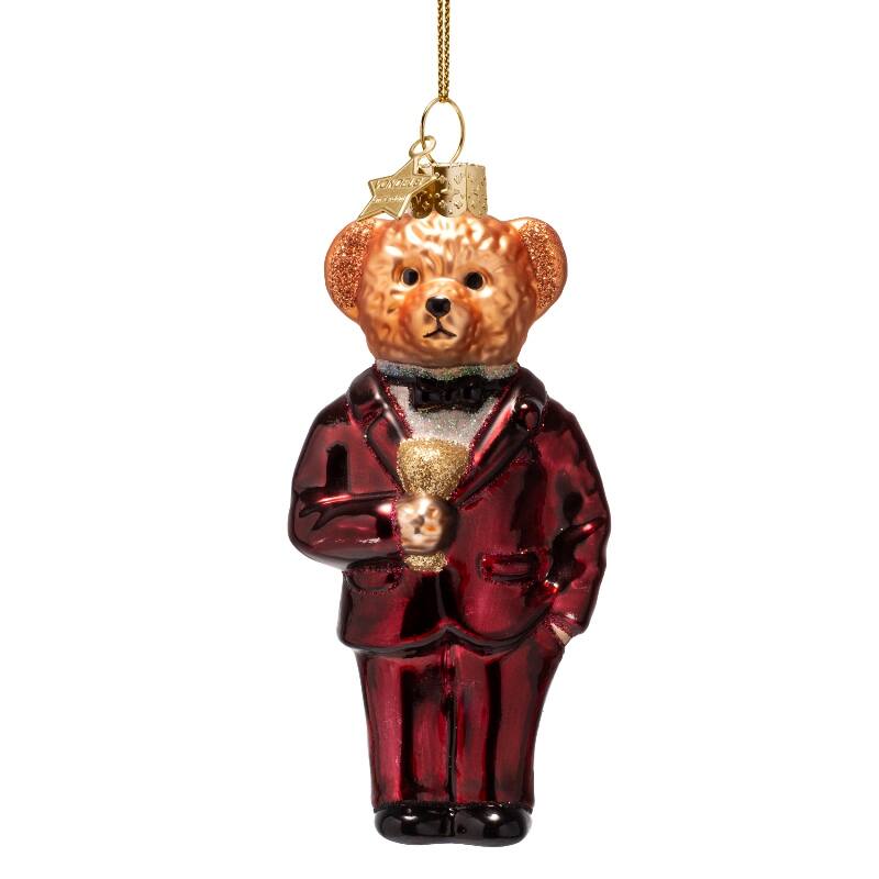 Kersthanger  burgundy bear in clothes H11cm
