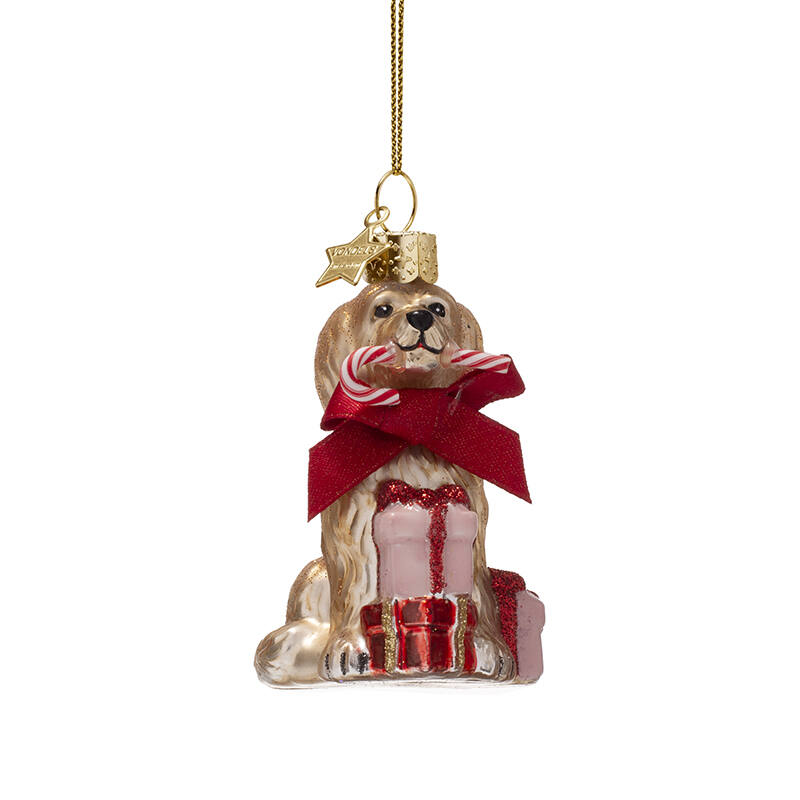 Kersthanger cockapoo dog w/candy cane H9cm