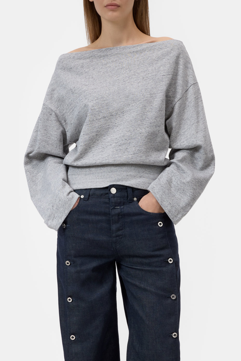 Image of Knit offshoulder light grey melange