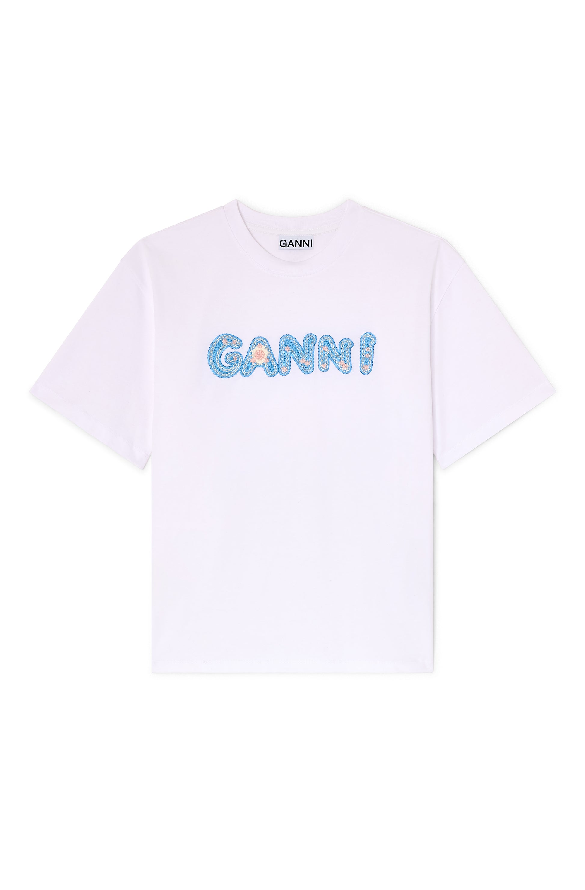 Tee bright white blue embroidery