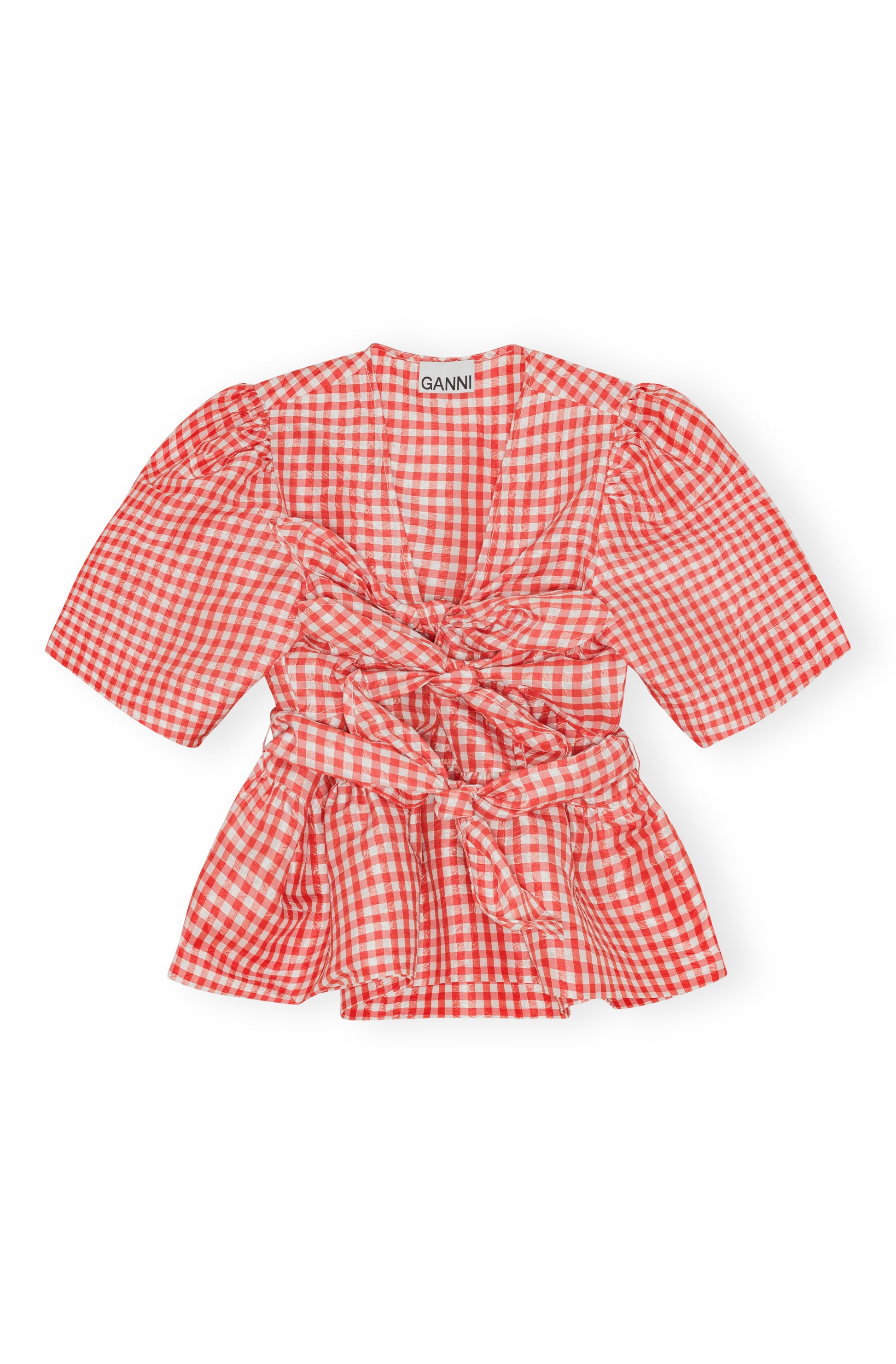 Blouse Crinckled check tie red