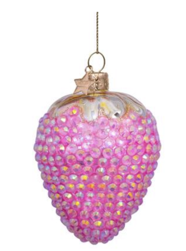 Kersthanger roze aardbei met diamanten allover H9cm