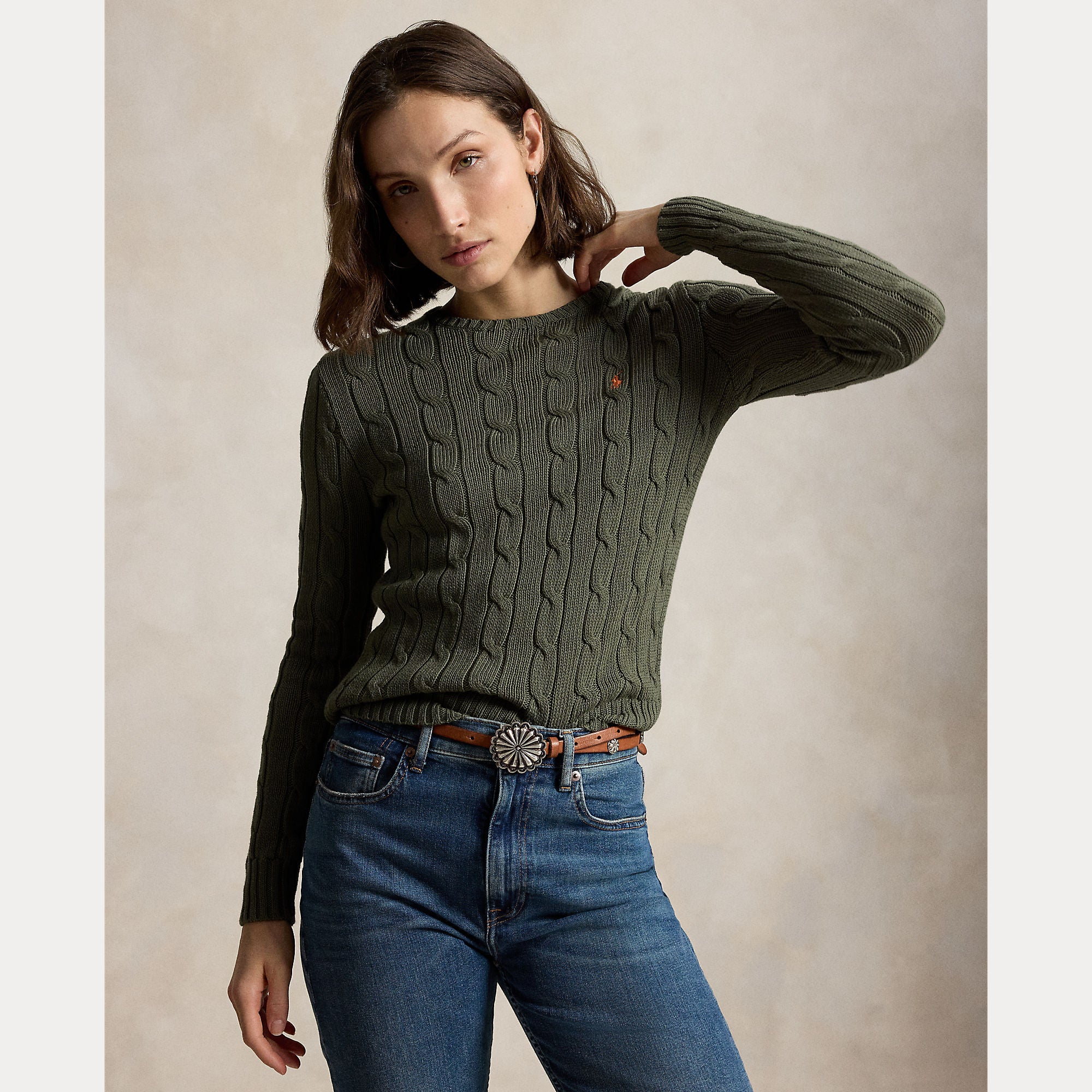 Image of Knit cable cotton olive
