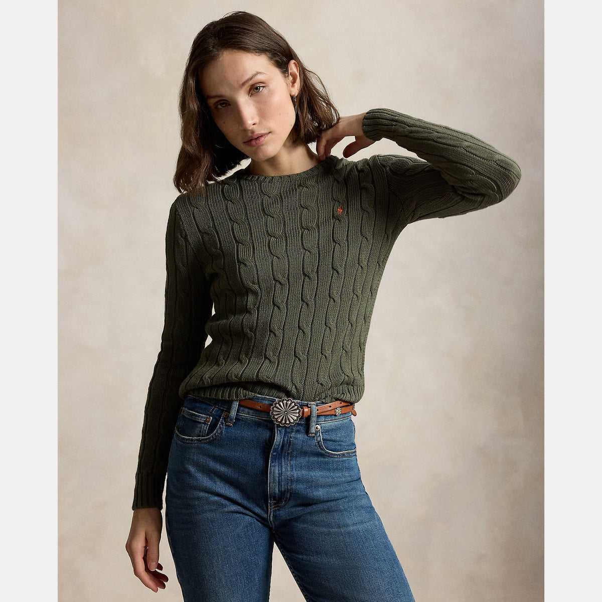 Knit cable cotton olive