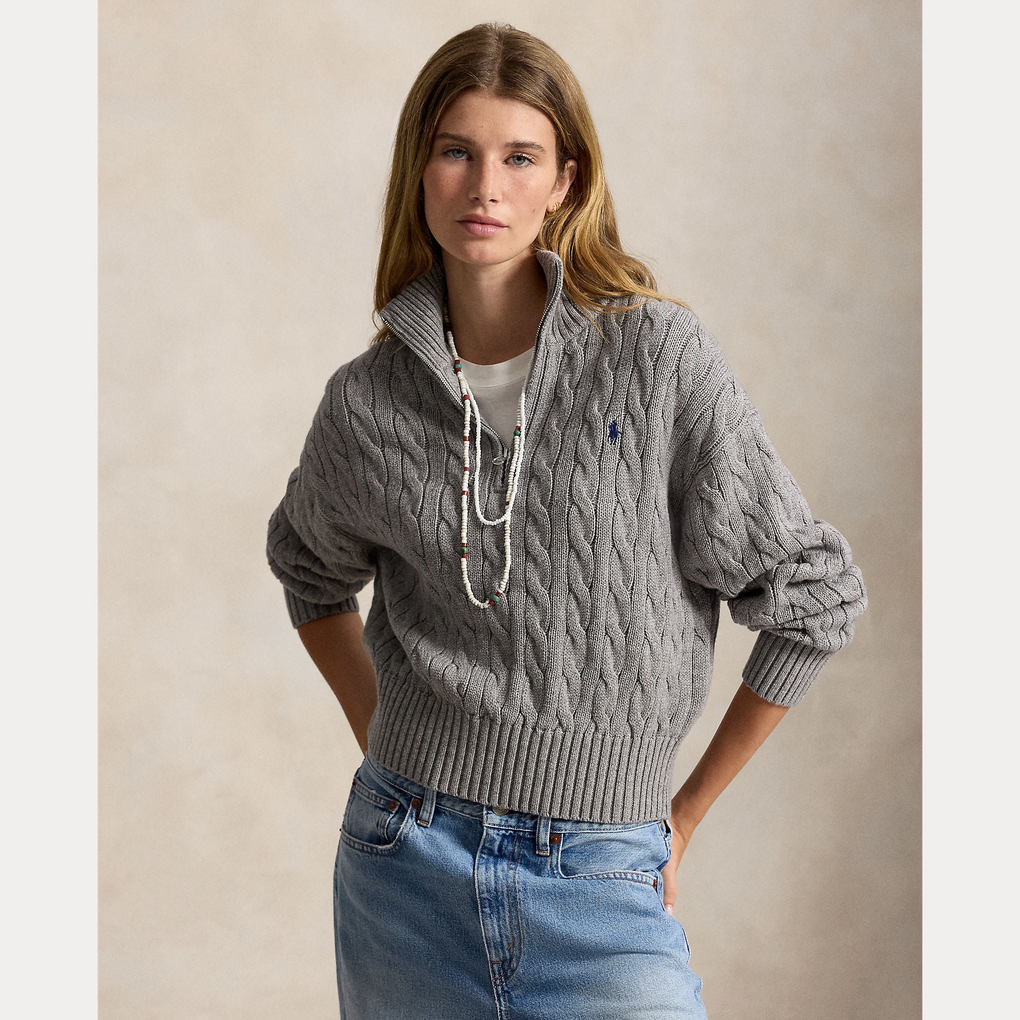Image of Knit cable half zip cotton grey