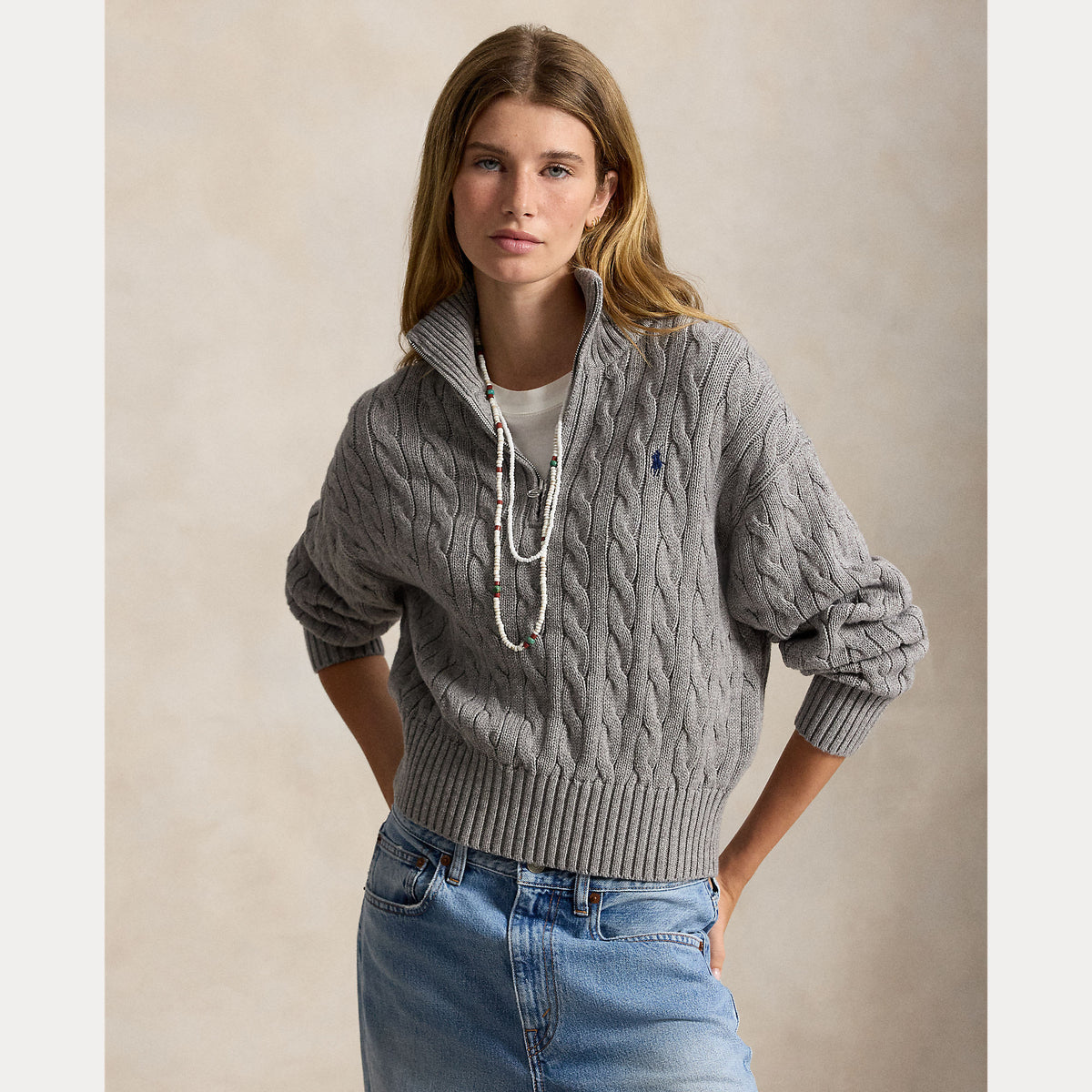 Knit cable half zip cotton grey