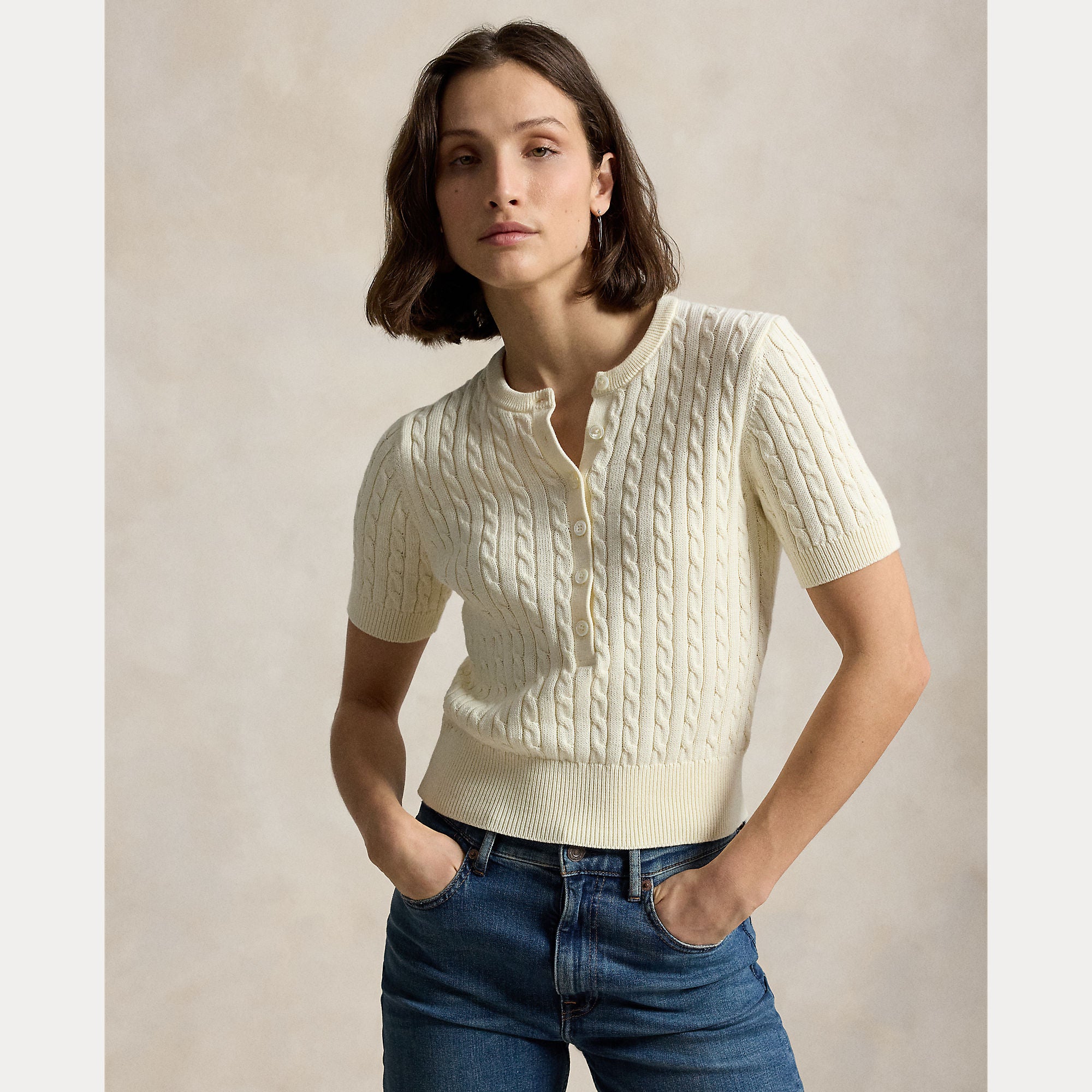 Image of Knit Henley cotton clubhouse cream